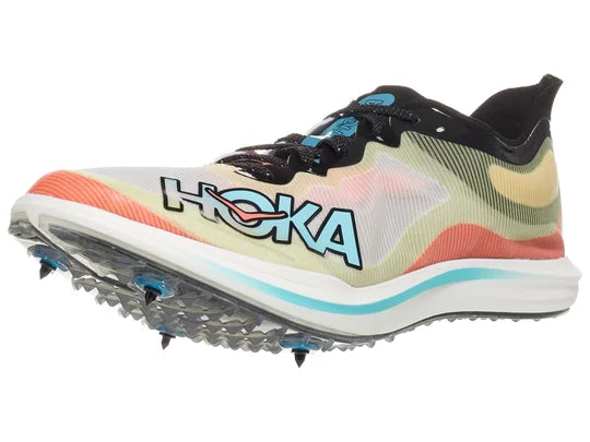 Unisex Hoka Cielo X 3 LD Spikes. Multicolored upper. White midsole. Lateral view.