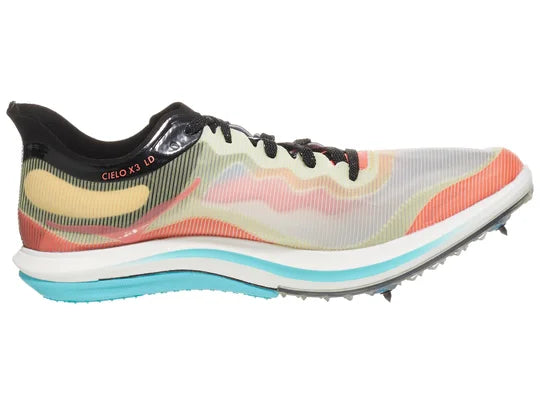 Unisex Hoka Cielo X 3 LD Spikes. Multicolored upper. White midsole. Medial view.