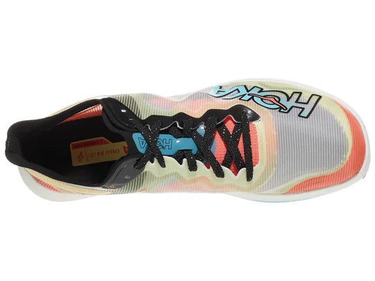 Unisex Hoka Cielo X 3 LD Spikes. Multicolored upper. White midsole. Top view.