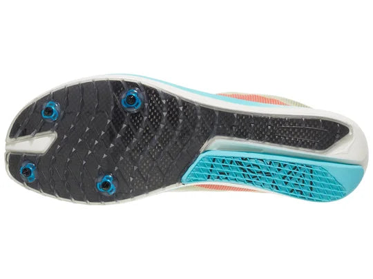 Unisex Hoka Cielo X 3 LD Spikes. Multicolored upper. White midsole. Bottom view.