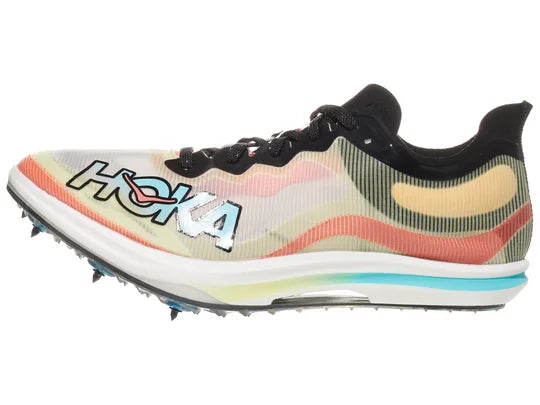 Unisex Hoka Cielo X 3 MD Spikes. Multicolored upper. White midsole. Lateral view.