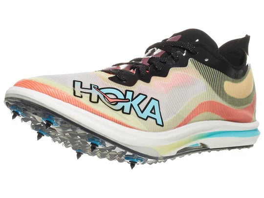 Unisex Hoka Cielo X 3 MD Spikes. Multicolored upper. White midsole. Lateral view.