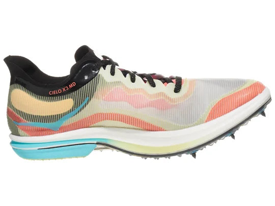 Unisex Hoka Cielo X 3 MD Spikes. Multicolored upper. White midsole. Medial view.