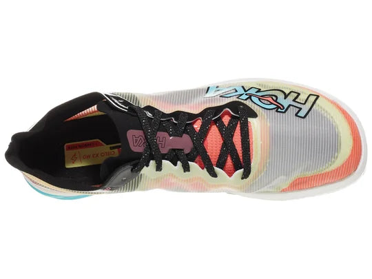 Unisex Hoka Cielo X 3 MD Spikes. Multicolored upper. White midsole. Top view.