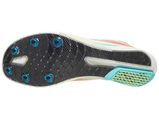 Unisex Hoka Cielo X 3 MD Spikes. Multicolored upper. White midsole. Bottom view.