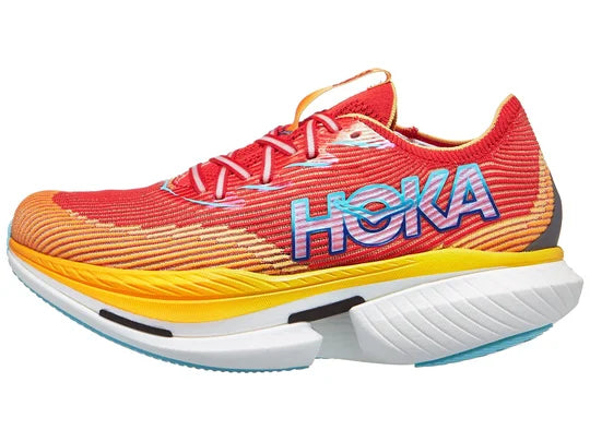 Unisex Hoka Cielo X1. Orange/Red upper. White midsole. Lateral view.