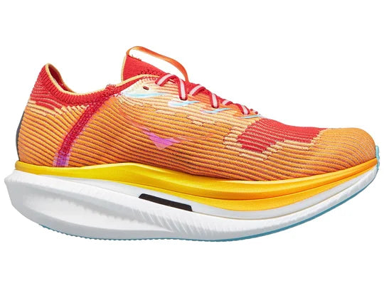 Unisex Hoka Cielo X1. Orange/Red upper. White midsole. Medial view.