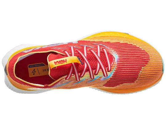 Unisex Hoka Cielo X1. Orange/Red upper. White midsole. Top view.