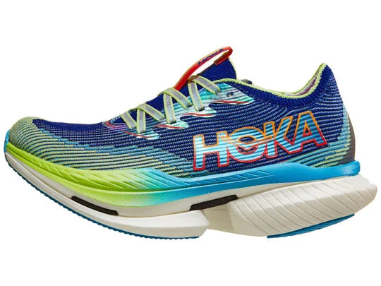 Unisex Hoka Cielo X1. Blue/Green upper. White midsole. Lateral view.