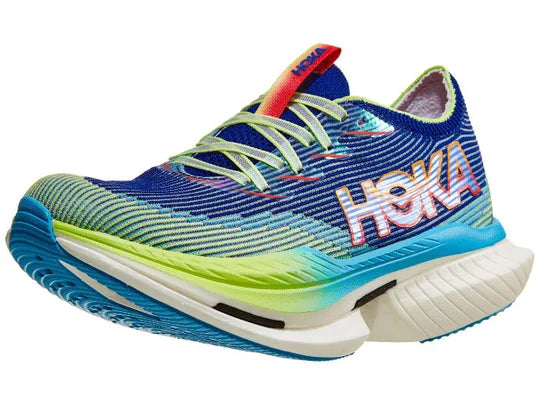 Unisex Hoka Cielo X1. Blue/Green upper. White midsole. Lateral view.