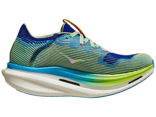 Unisex Hoka Cielo X1. Blue/Green upper. White midsole. Medial view.