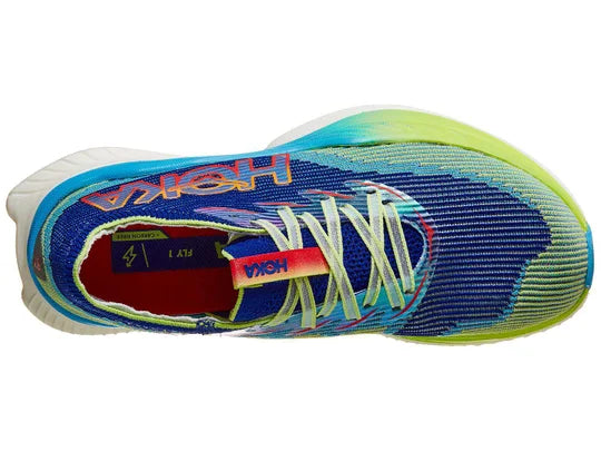 Unisex Hoka Cielo X1. Blue/Green upper. White midsole. Top view.