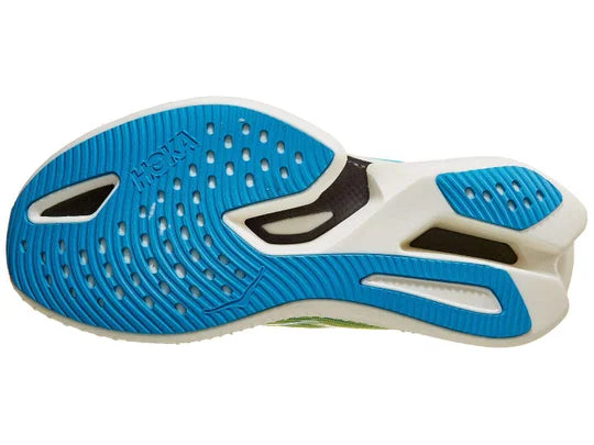 Unisex Hoka Cielo X1. Blue/Green upper. White midsole. Bottom view.