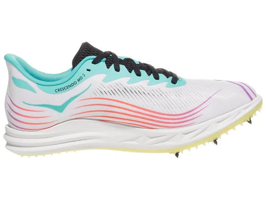 Hoka Crescendo MD 2 Spikes. White upper. White midsole. Medial view.