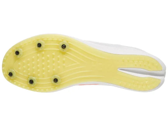 Hoka Crescendo MD 2 Spikes. White upper. White midsole. Bottom view.