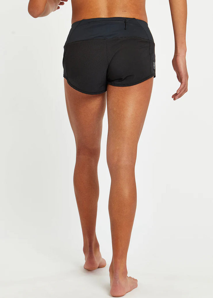 Women's Oiselle Mac Roga Shorts. Black. Rear view.