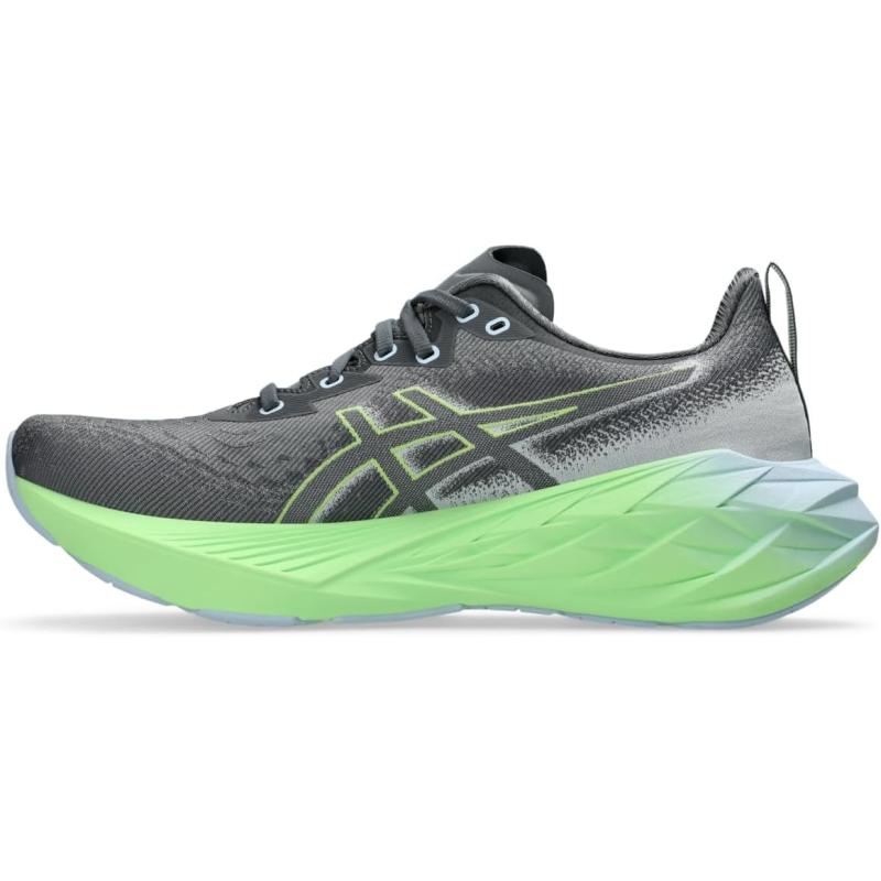 Men's Asics Novablast 4. Grey upper. Green midsole. Medial view.