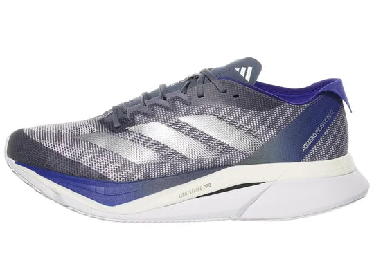 Men's Adidas Bost 12. Grey/Blue upper. White midsole. Lateral view.