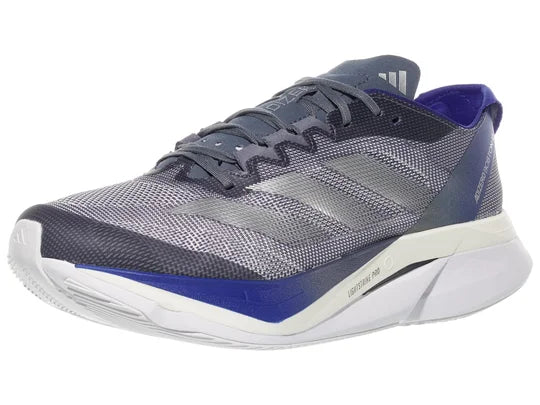 Men's Adidas Bost 12. Grey/Blue upper. White midsole. Lateral view.