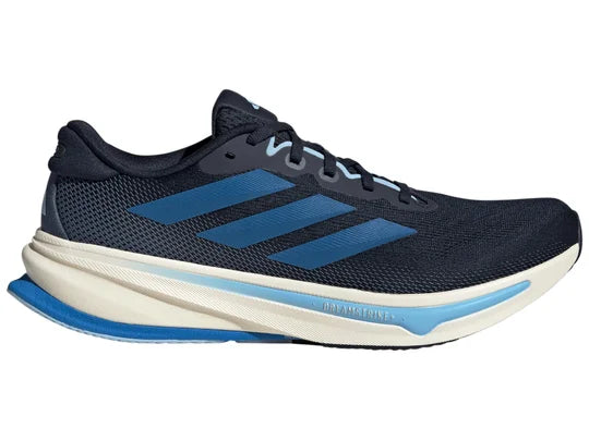 Men's Adidas Supernova Rise 2. Dark Blue upper. Off White midsole. Lateral view.