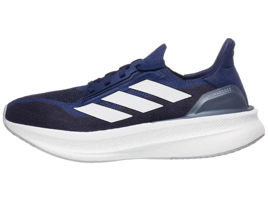 Men's Adidas Ultraboost 5X. Blue upper. White midsole. Lateral view.