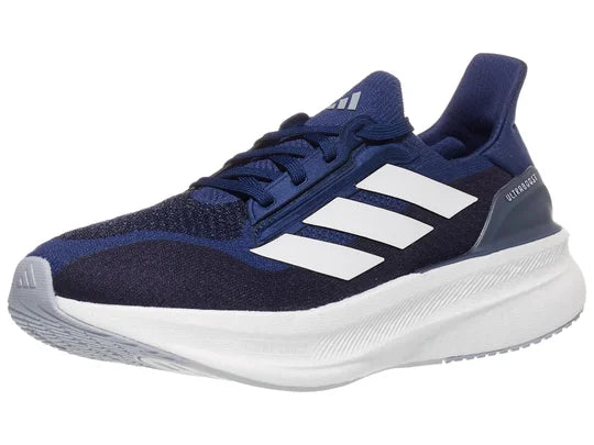 Men's Adidas Ultraboost 5X. Blue upper. White midsole. Lateral view.