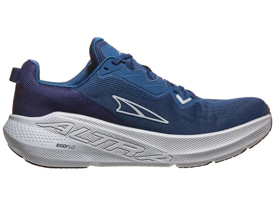 Women's Altra Forward Via. Blue upper. Gray midsole. Medial view.