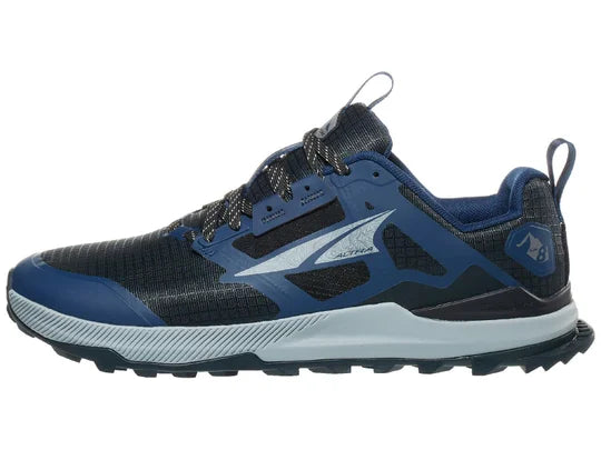 Men's Altra Lone Peak 8. Navy/Black upper. Grey midsole. Lateral view.