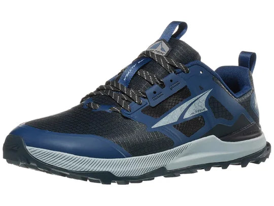 Men's Altra Lone Peak 8. Navy/Black upper. Grey midsole. Lateral view.