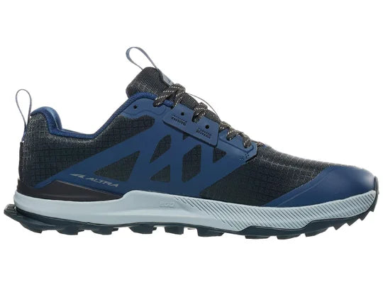 Men's Altra Lone Peak 8. Navy/Black upper. Grey midsole. Medial view.