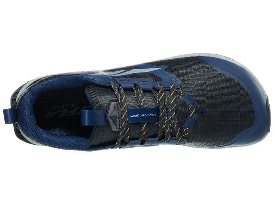 Men's Altra Lone Peak 8. Navy/Black upper. Grey midsole. Top view.