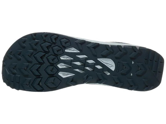 Men's Altra Lone Peak 8. Navy/Black upper. Grey midsole. Bottom view.