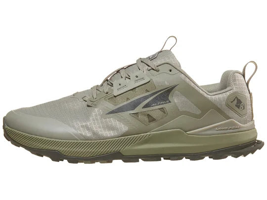 Men's Altra Lone Peak 8. Grey upper. Green midsole. Lateral view.