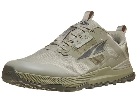 Men's Altra Lone Peak 8. Grey upper. Green midsole. Lateral view.