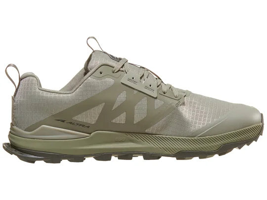 Men's Altra Lone Peak 8. Grey upper. Green midsole. Medial view.