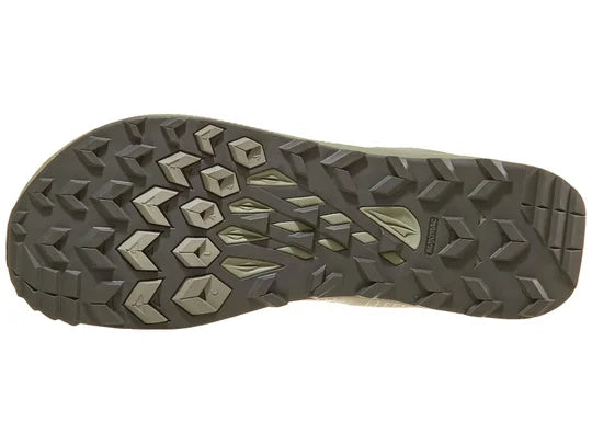 Men's Altra Lone Peak 8. Grey upper. Green midsole. Bottom view.