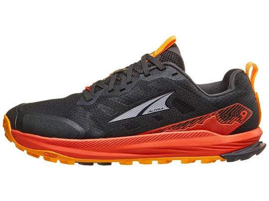 Men's Altra Lone Peak 9. Black upper. Red midsole. Lateral view.