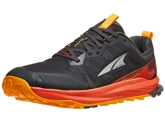 Men's Altra Lone Peak 9. Black upper. Red midsole. Lateral view.