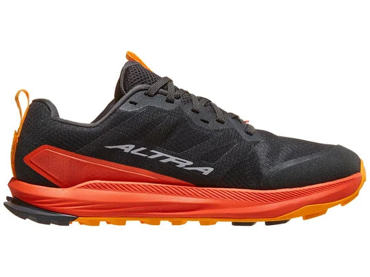 Men's Altra Lone Peak 9. Black upper. Red midsole. Medial view.