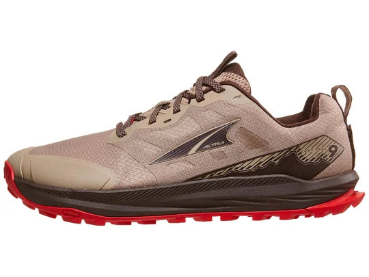 Men's Altra Lone Peak 9. Brown upper. Black midsole. Lateral view.