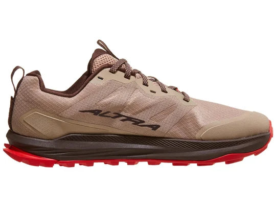 Men's Altra Lone Peak 9. Brown upper. Black midsole. Medial view.