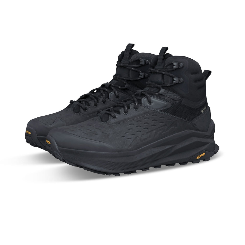 Men's Altra Olympus 6 bike MID GTX. Black upper. Black midsole. Lateral view.