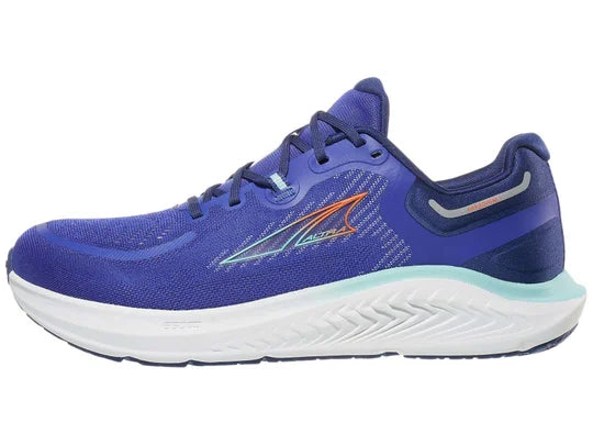 Men's Altra Paradigm 7. Blue upper. White midsole. Lateral view.