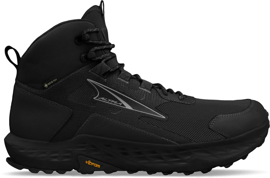 Men's Altra Timp 5 Hiker MID GTX. Black upper. Black midsole. Lateral view.