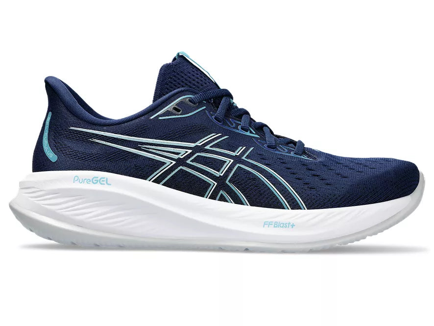 Men's Asics Gel-Cumulus 26. Blue upper. White midsole. Lateral view.