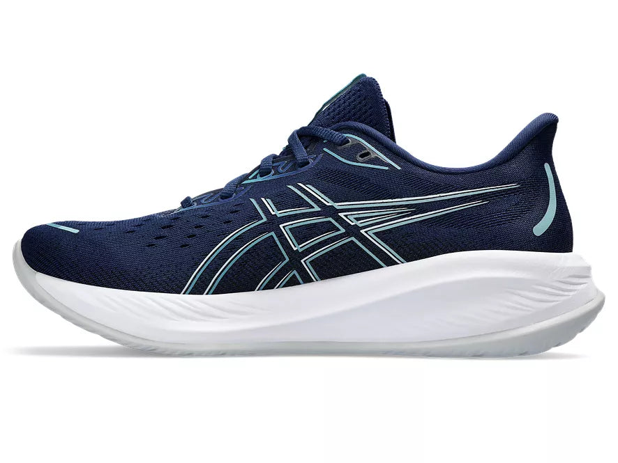 Men's Asics Gel-Cumulus 26. Blue upper. White midsole. Medial view.