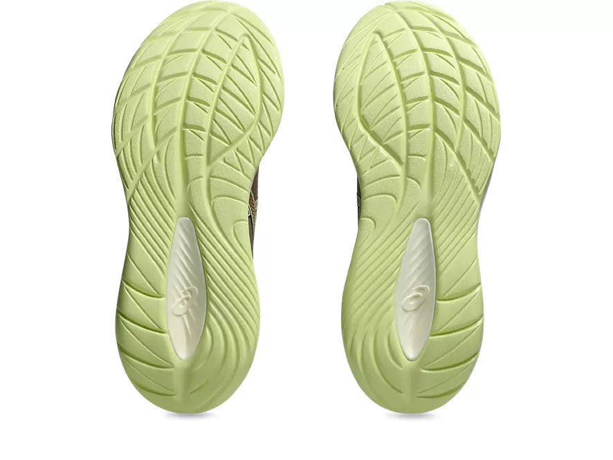 Men's Asics Gel-Cumulus 27. Brown upper. Off White midsole. Bottom view.