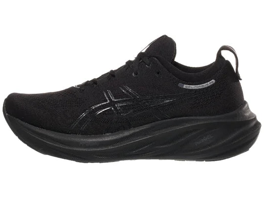 Men's Asics Gel-Nimbus 26. Black upper. Black midsole. Lateral view.