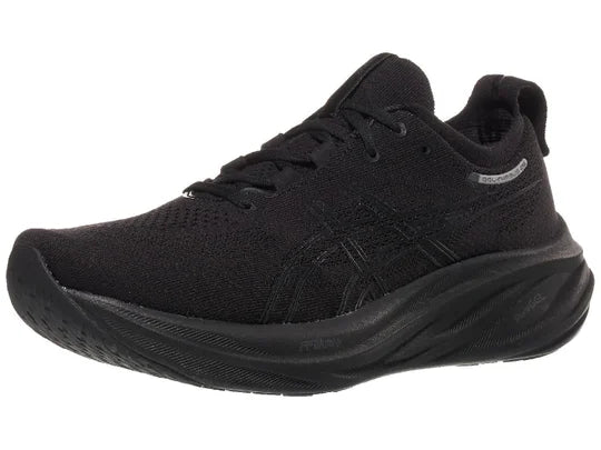 Men's Asics Gel-Nimbus 26. Black upper. Black midsole. Lateral view.