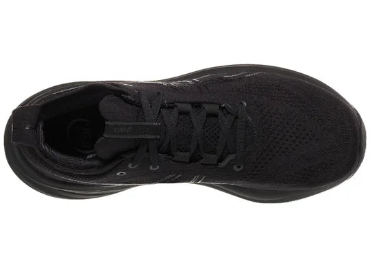 Men's Asics Gel-Nimbus 26. Black upper. Black midsole. Top view.